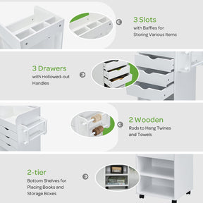 Giantex Rolling Craft Storage Cart, Utility Cart w/ 3 Drawers, 3 Shelves, 3 Slots & 2 Dowels, White