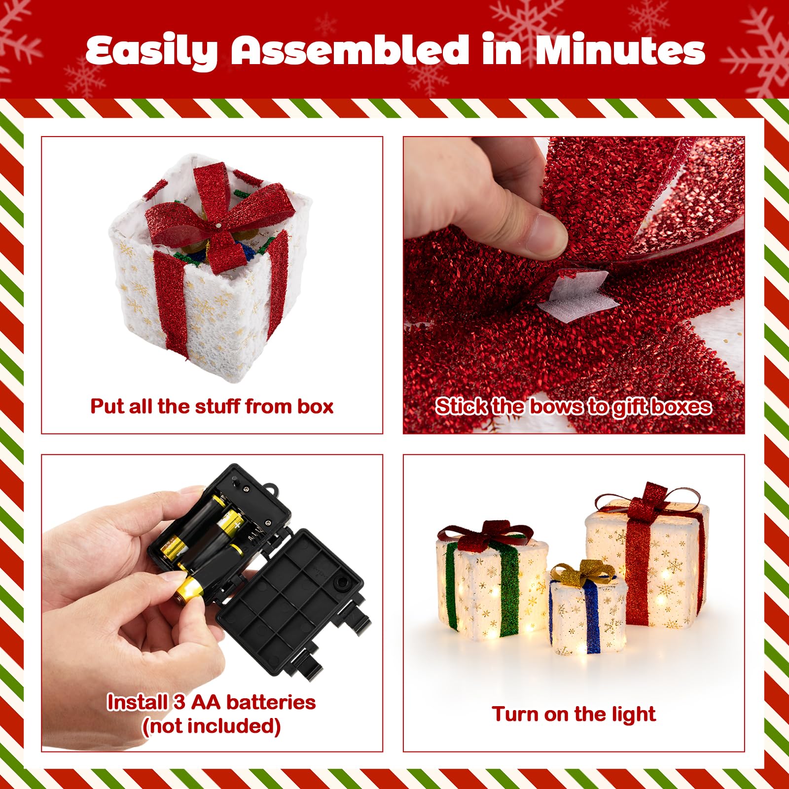 Set of 3 Christmas Lighted Gift Boxes, Pre-lit Christmas Decoration with 48 Bright Warm Lights