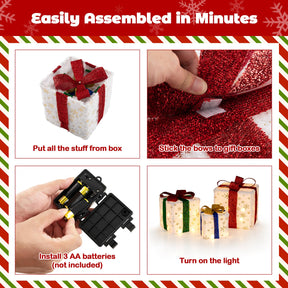 Set of 3 Christmas Lighted Gift Boxes, Pre-lit Christmas Decoration with 48 Bright Warm Lights