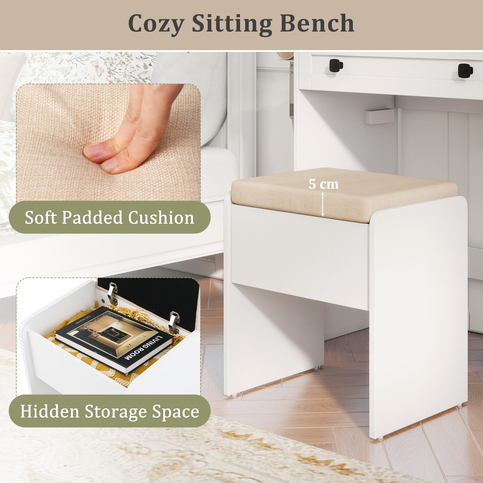 Giantex Farmhouse Vanity Set w/Mirror and Lights, Modern Dressing Table & Stool Set w/ 3-Color Lighting & Adjustable Brightness