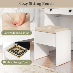 Giantex Farmhouse Vanity Set w/Mirror and Lights, Modern Dressing Table & Stool Set w/ 3-Color Lighting & Adjustable Brightness