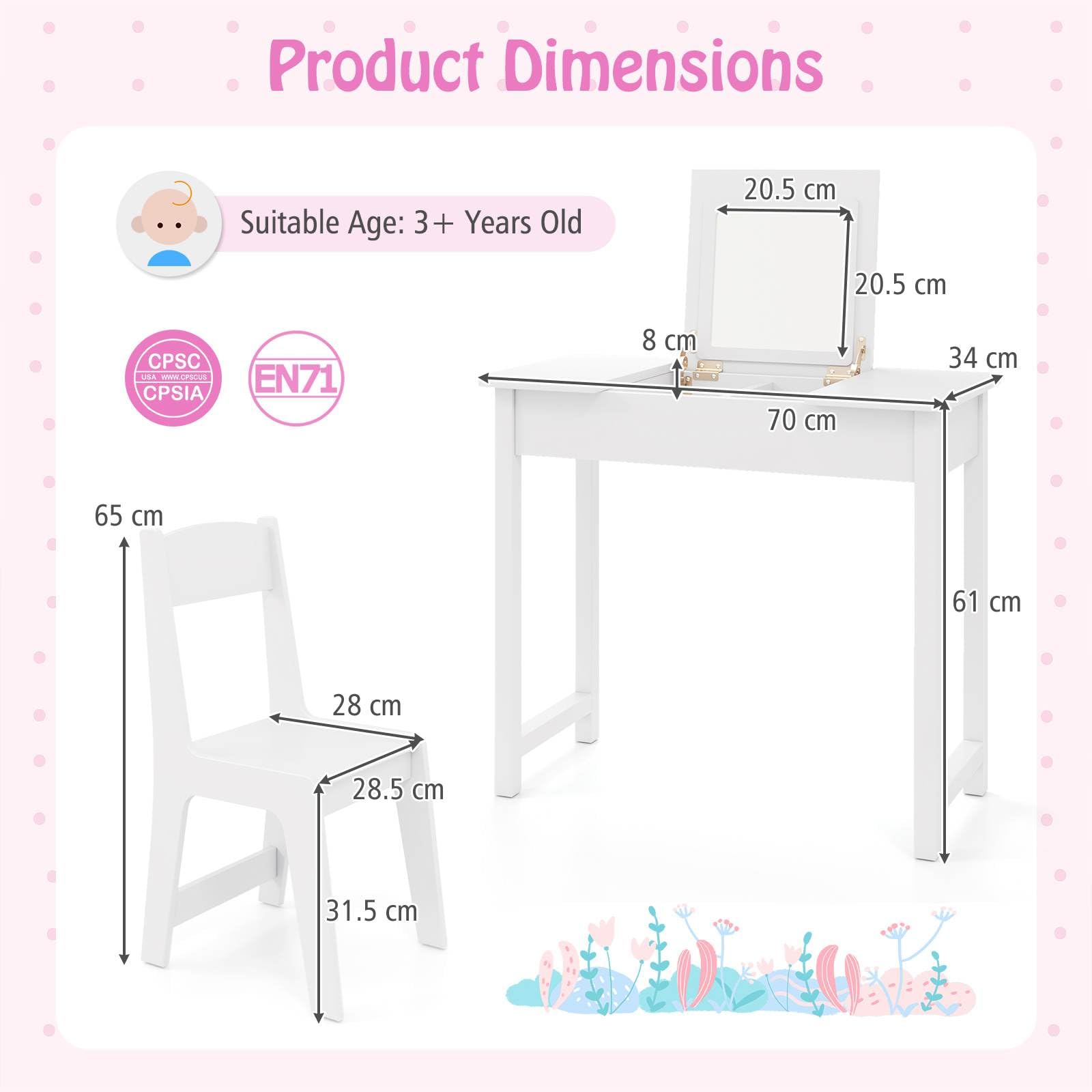 2 in 1 Kids Vanity Set with Flip Top Mirror Makeup Dressing Table & Chair Set