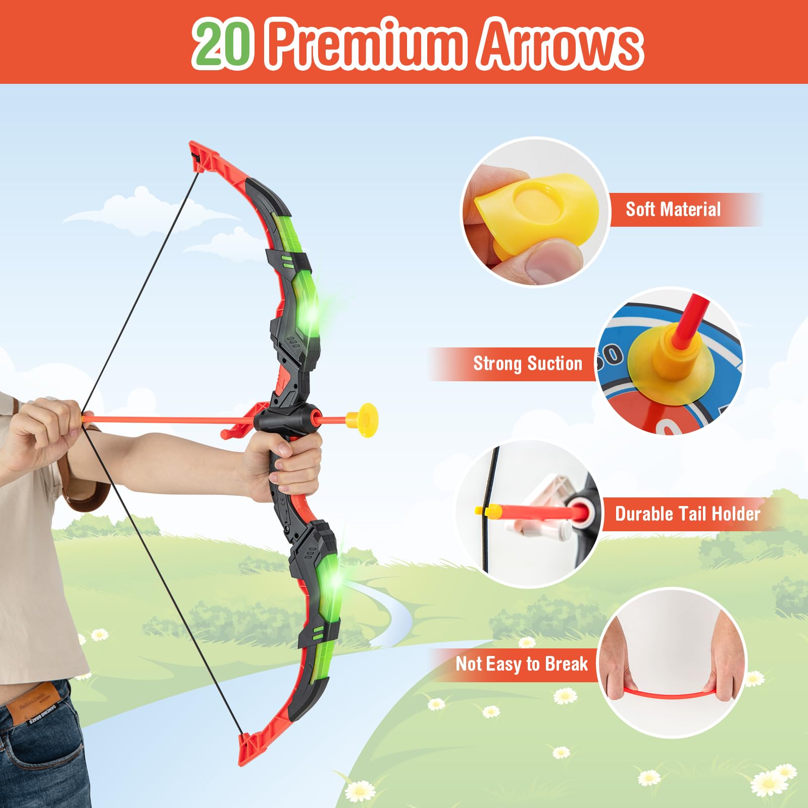 Youth Archery Bow Set, Bow and Arrow Toys for Kids with LED Light Up Bow, 20 Suction Cup Arrows