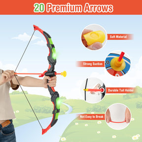 Youth Archery Bow Set, Bow and Arrow Toys for Kids with LED Light Up Bow, 20 Suction Cup Arrows