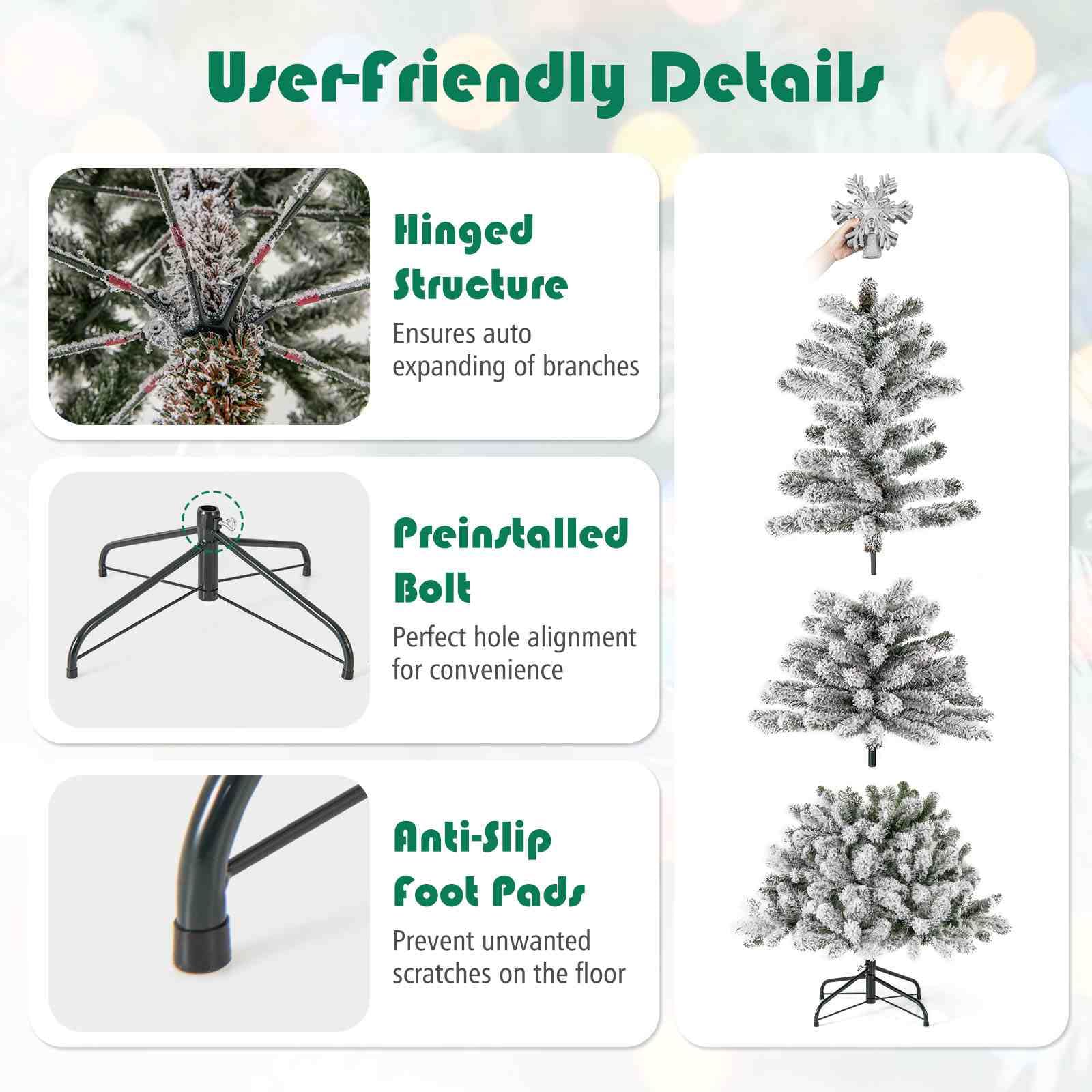 180 cm Artificial Xmas Tree, Flocked Christmas Tree with Lighted Snowflake Topper