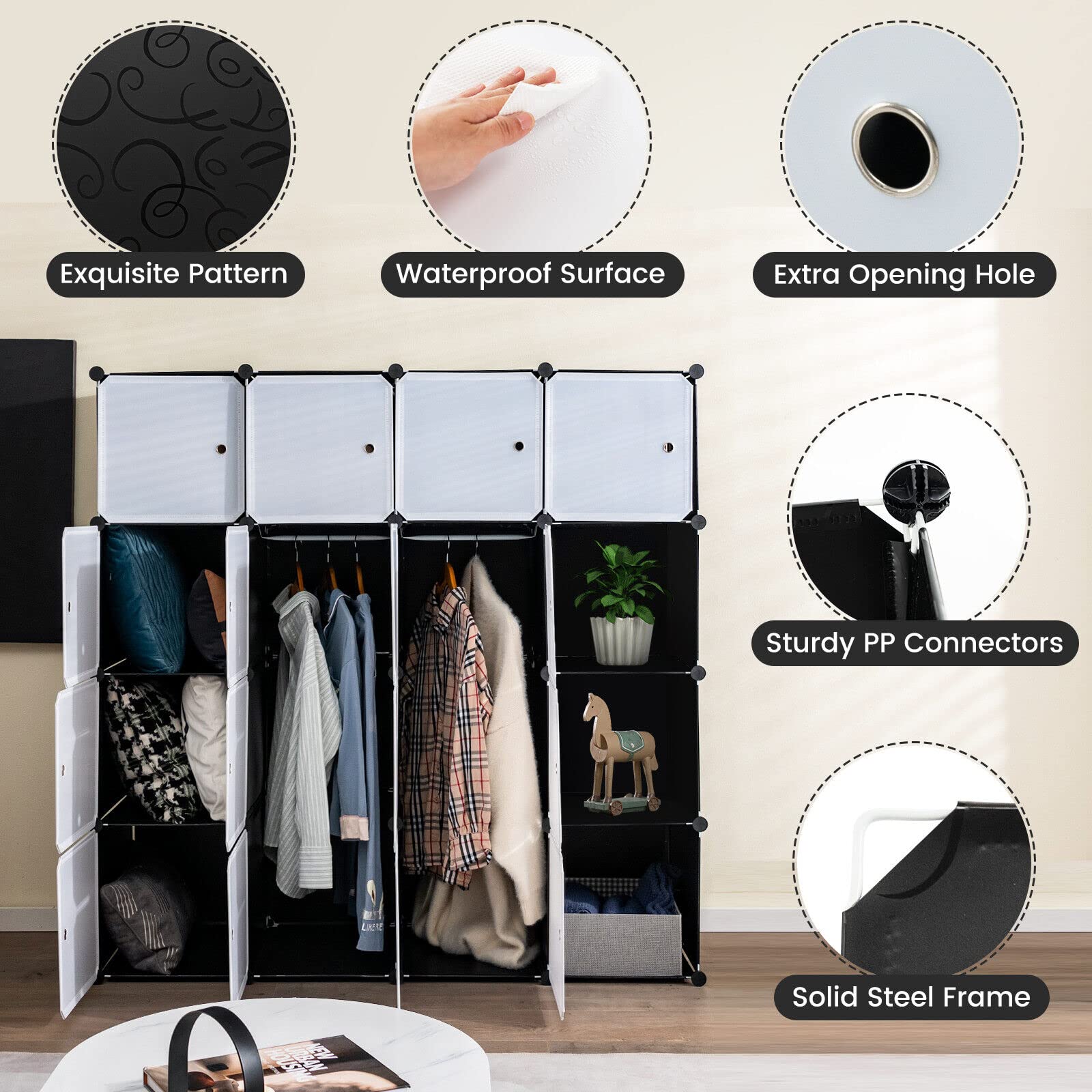 Giantex 16-Cube Storage Organizer DIY Modular Closet Storage Cabinet with Hanging Poles for Clothing Black