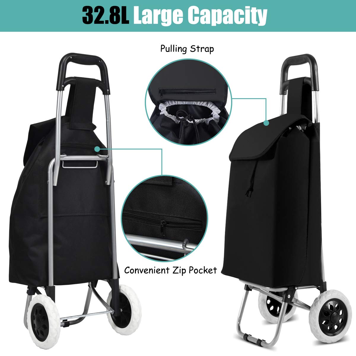 Giantex Folding Shopping Cart Foldable Shopping Trolley Bag w/ 2 Swivel Wheels