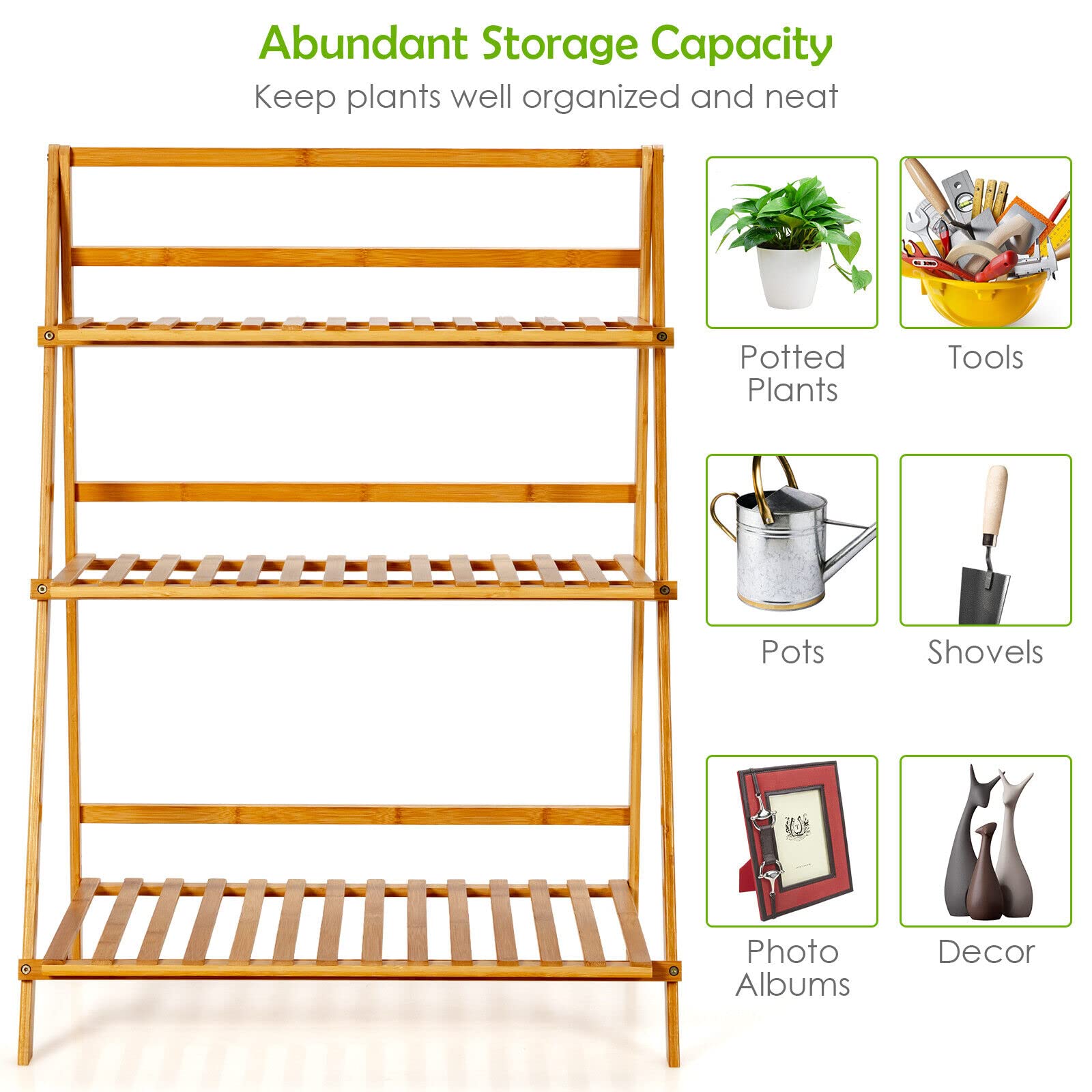 Folding Bamboo Plant Stand, 3-tier Ladder Plants Holder Organizer