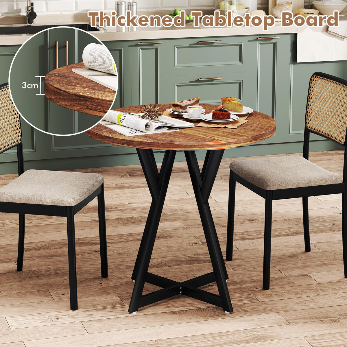 31.5 Inch Round Dining Table for 2-4, Modern Kitchen Table with Thick Wooden Tabletop