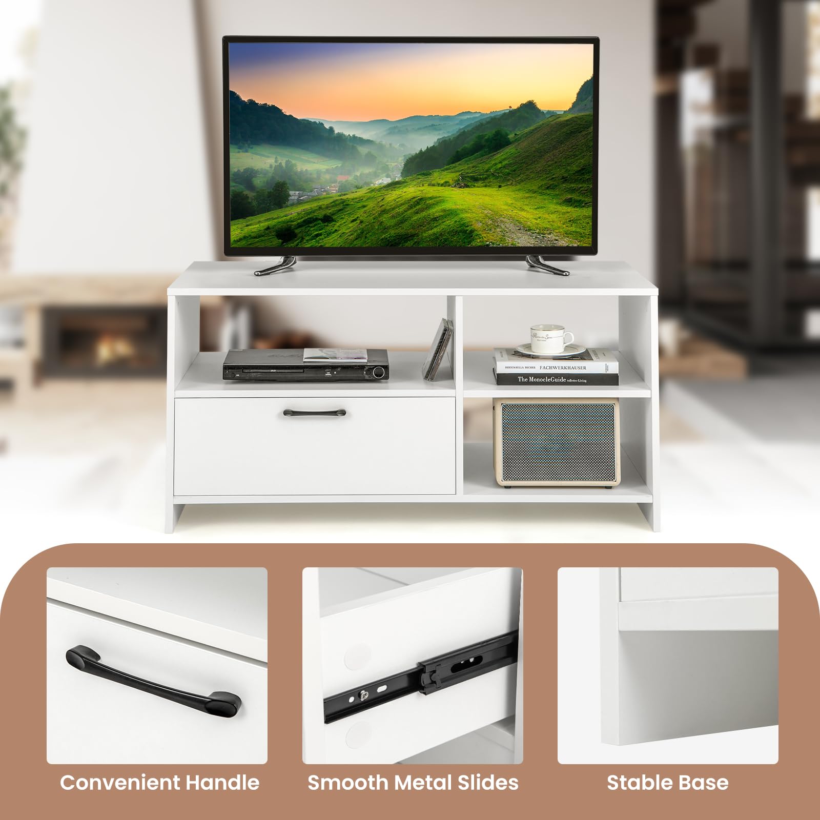 Giantex TV Stand for TVs up to 50", Modern Media Console Table w/ 3 Open Compartments & 1 Storage Drawer