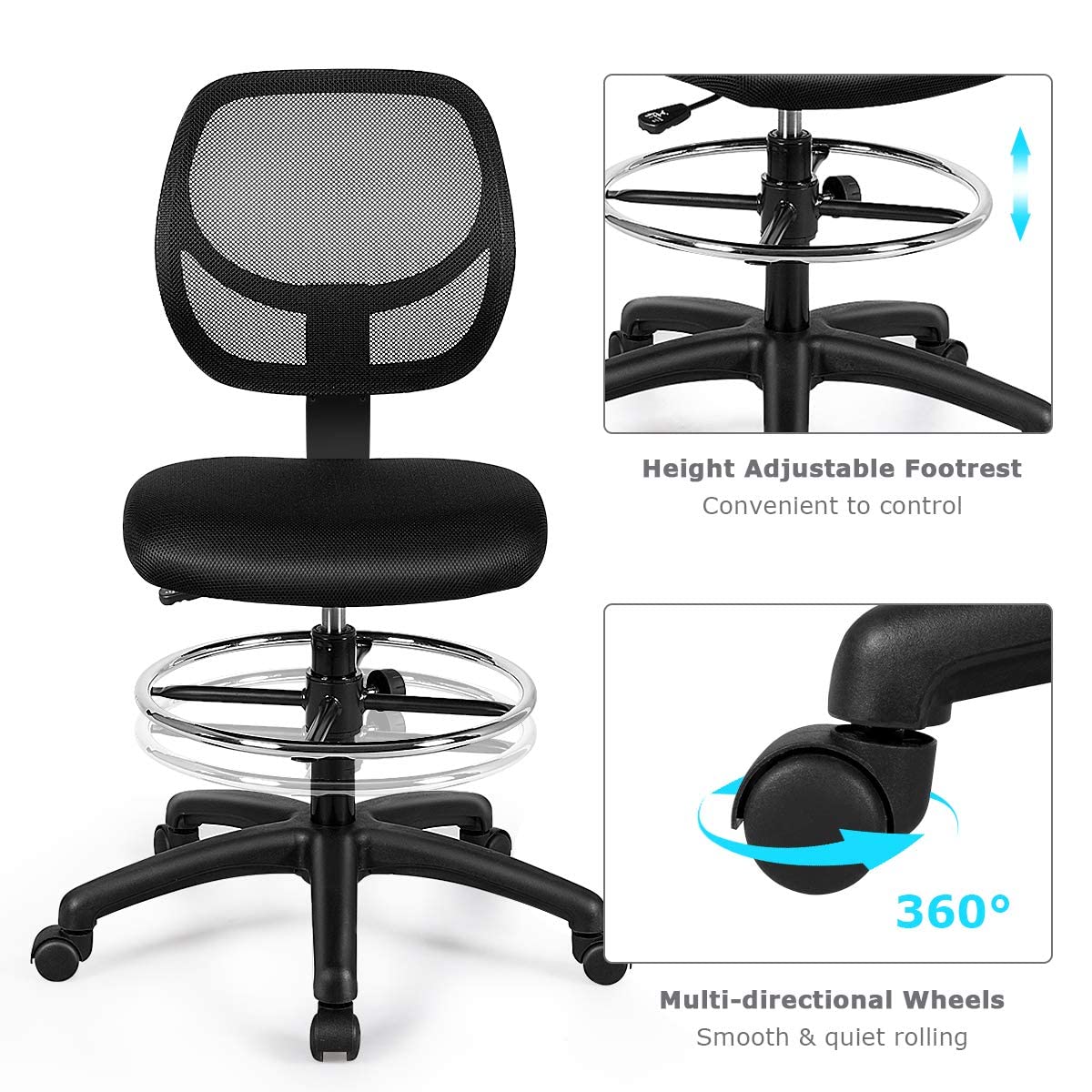 Mesh Drafting Computer Swivel Chair, Office Desk Chair, Ergonomic Armless Executive Task Chair