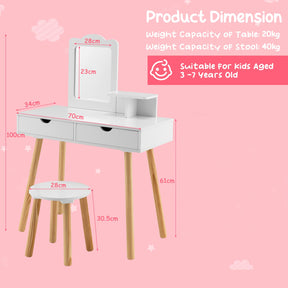 Girls Vanity Set with Mirror and Stool, 2 Large Drawers, Storage Shelf