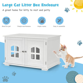 Cat Litter Box Enclosure Furniture Hidden, Wooden Washroom Storage Cabinet Bench w/Cross Windows