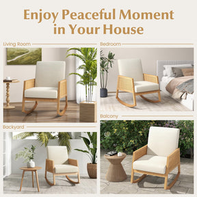Giantex Rocking Chair with Rattan Armrests, Armchair with Upholstered Cushion & Wood Rattan Armrests