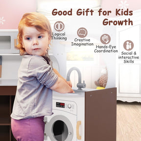 Corner Play Kitchen, Toddler Kitchen Playset with Ice Maker, Microwave, Oven, Sink, Washing Machine, Towel Rack & Sweet Accessories