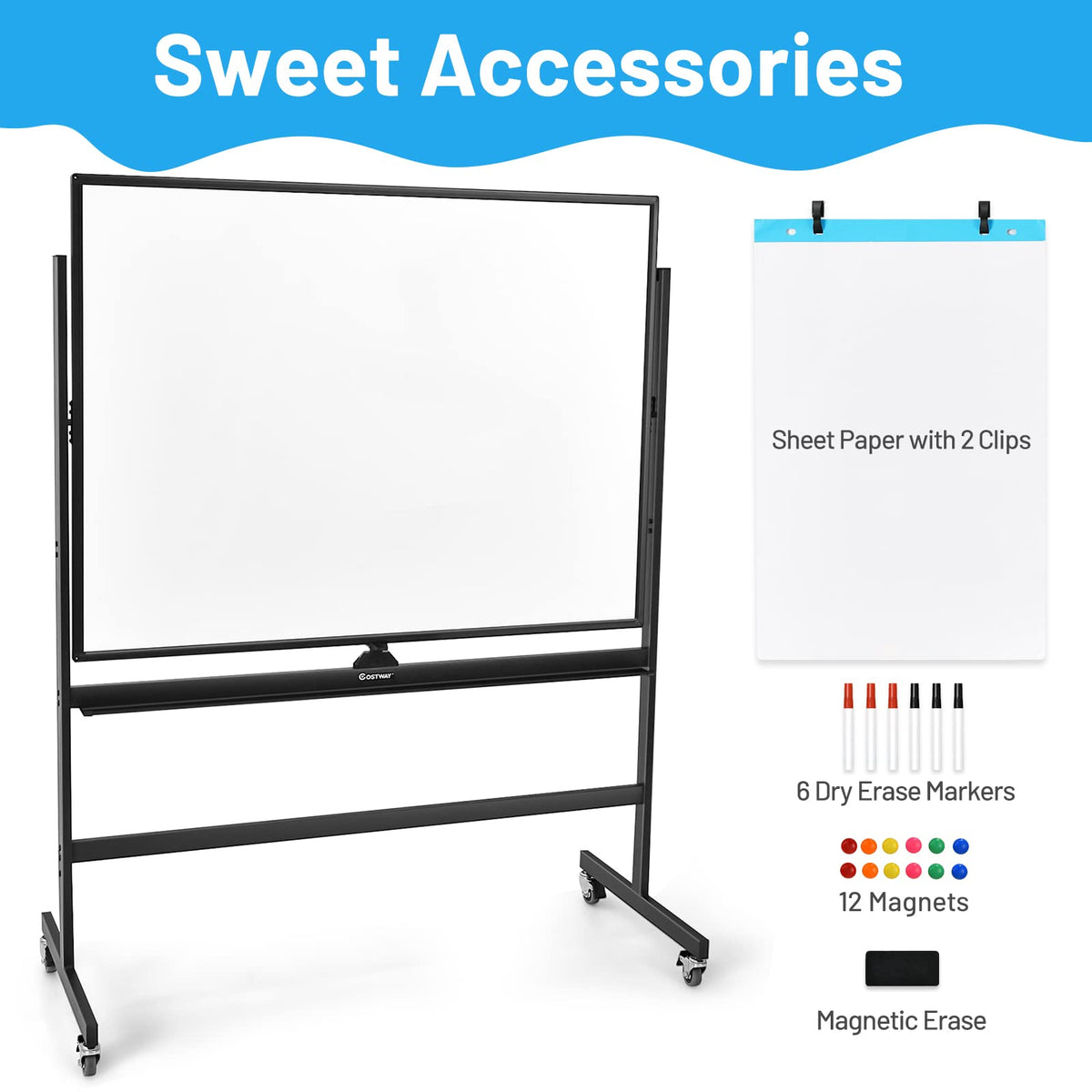 120cm x 90cm Mobile Magnetic Double-Sized Reversible Whiteboard