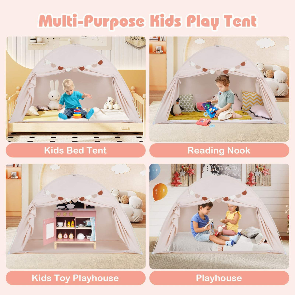 Twin Full Size Bed Tent for Kids, Foldable & Portable Canopy Tent on Twin Bunk Bed with 2 Windows and Flags