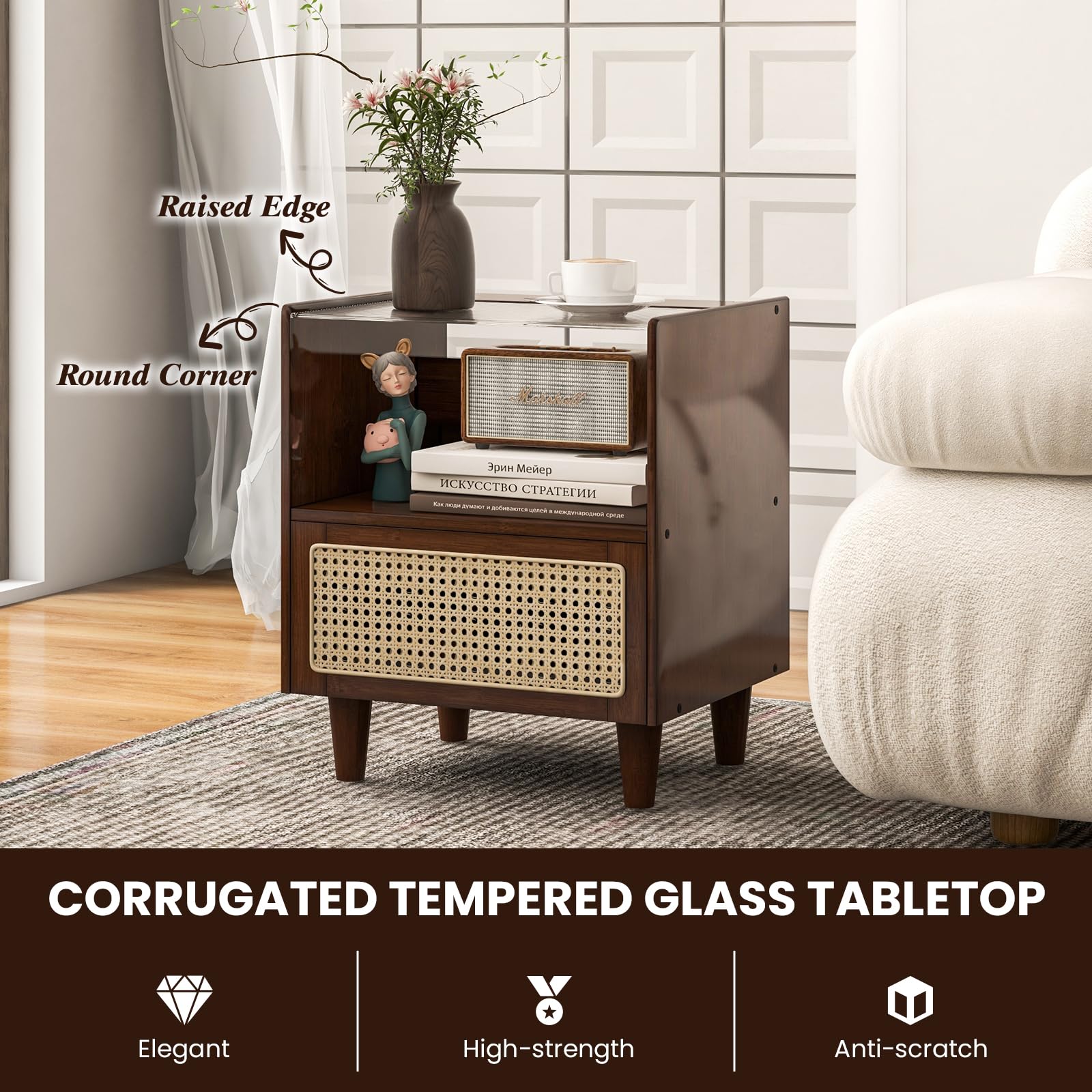 Giantex Bamboo Rattan Nightstand, Boho Bedside Table with Drawer and Solid Wood Legs