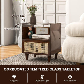 Giantex Bamboo Rattan Nightstand, Boho Bedside Table with Drawer and Solid Wood Legs