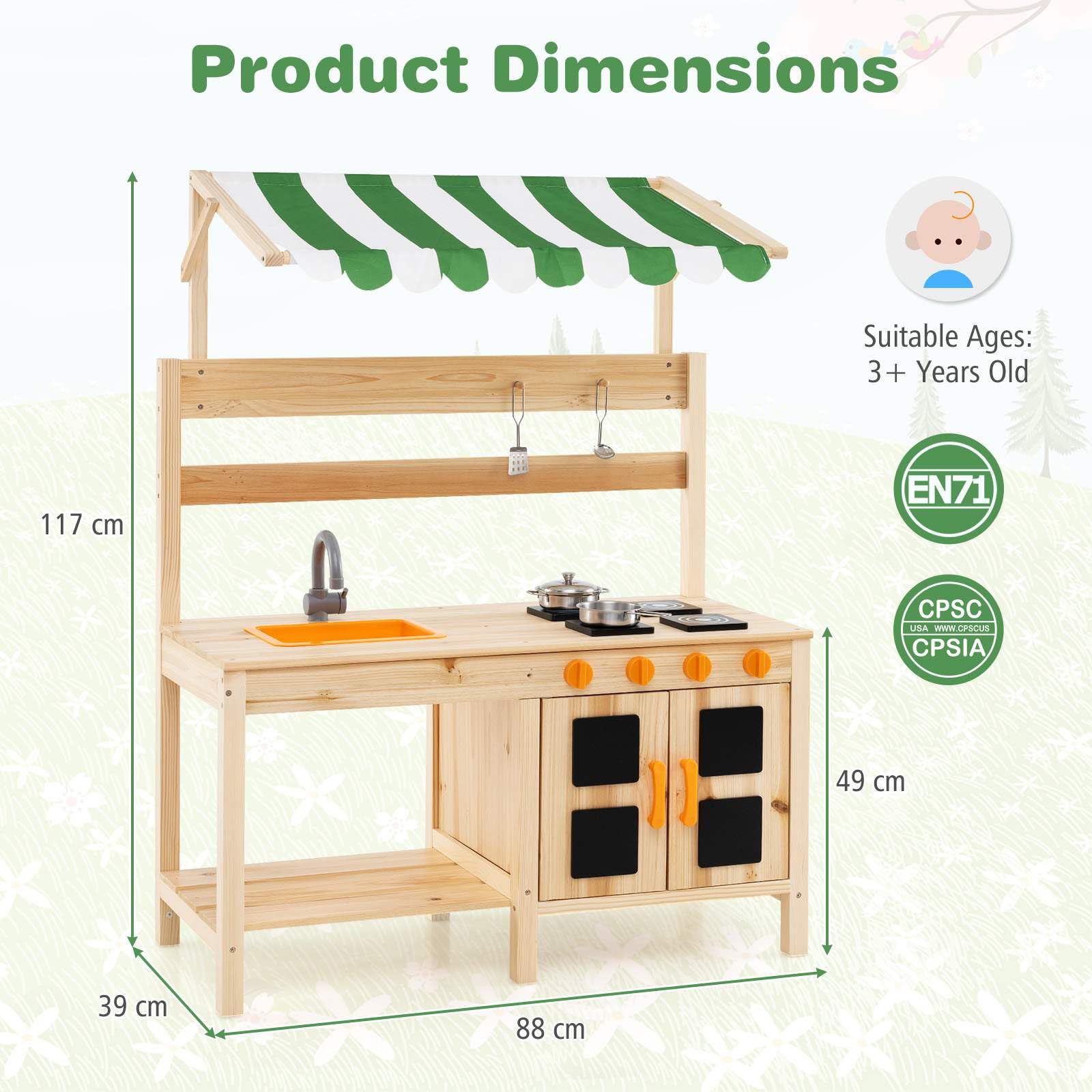 Kids Mud Kitchen with Canopy, Outdoor Wooden Pretend Play Kitchen w/ 4 Stoves, Sink, Faucet, Black Boards & Accessories