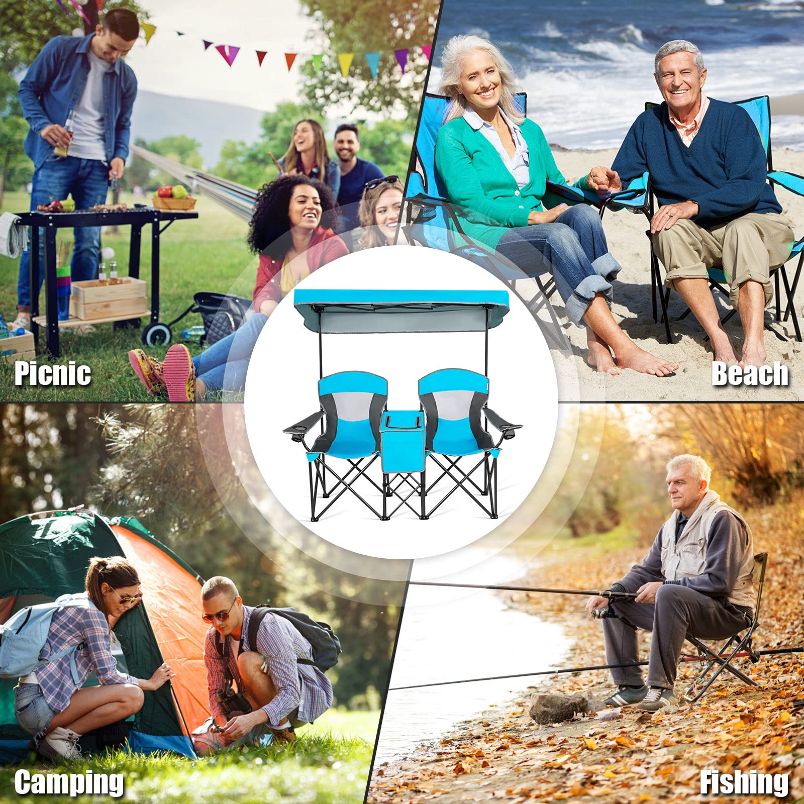 Double Folding Canopy Chair, Outdoor 2-Person Camping Seat with Adjustable Sun Shade