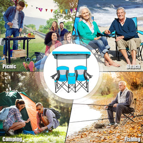 Double Folding Canopy Chair, Outdoor 2-Person Camping Seat with Adjustable Sun Shade