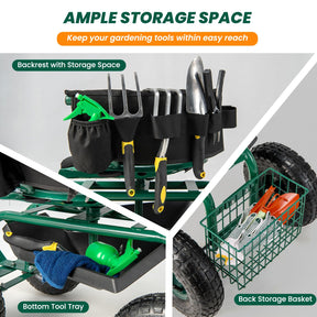 Rolling Garden Cart, Garden Scooter with Seat & Tool Storage, 2 Steering Handles
