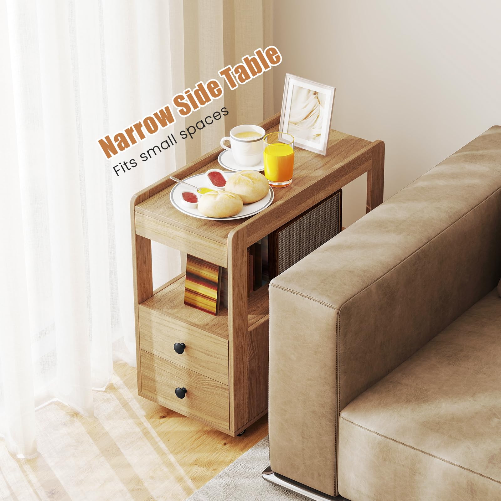 Narrow End Table, Modern 2-Drawer Sofa Side Table with Open Shelves
