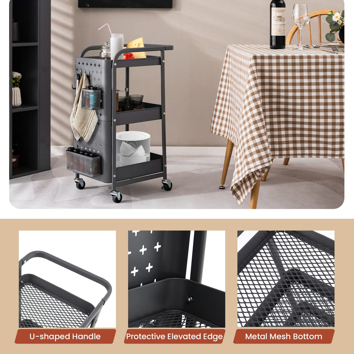 3-Tier Rolling Cart, Storage Trolley Organizer w/DIY Dual Pegboards, 2 Baskets, 4 Removable Hooks