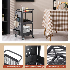 3-Tier Rolling Cart, Storage Trolley Organizer w/DIY Dual Pegboards, 2 Baskets, 4 Removable Hooks