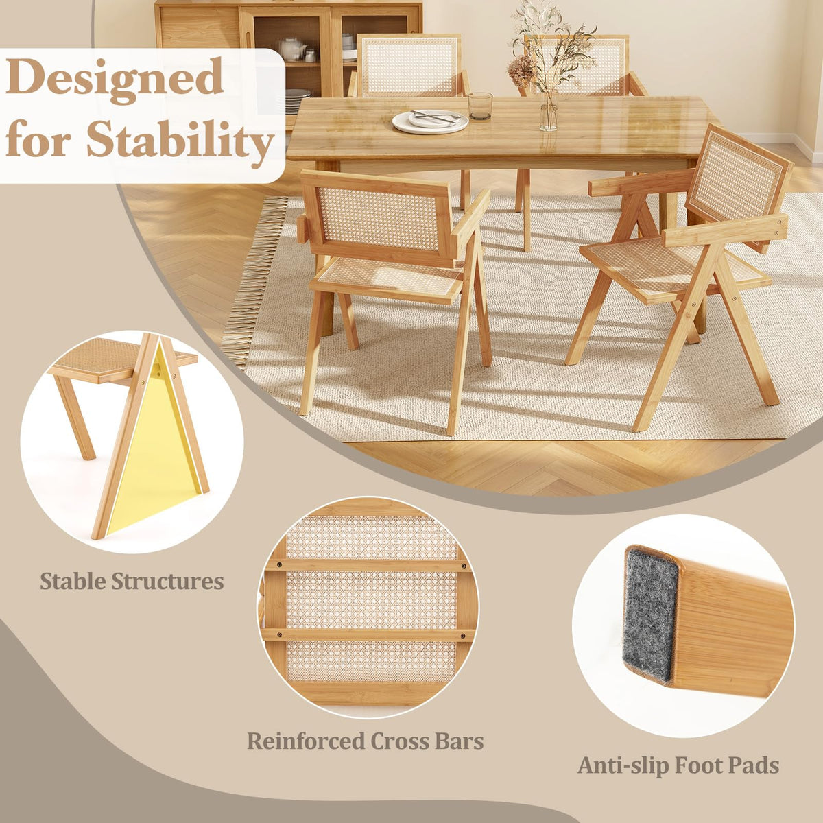 Rattan Dining Chair, Cane Kitchen Chair with Sturdy Bamboo Frame
