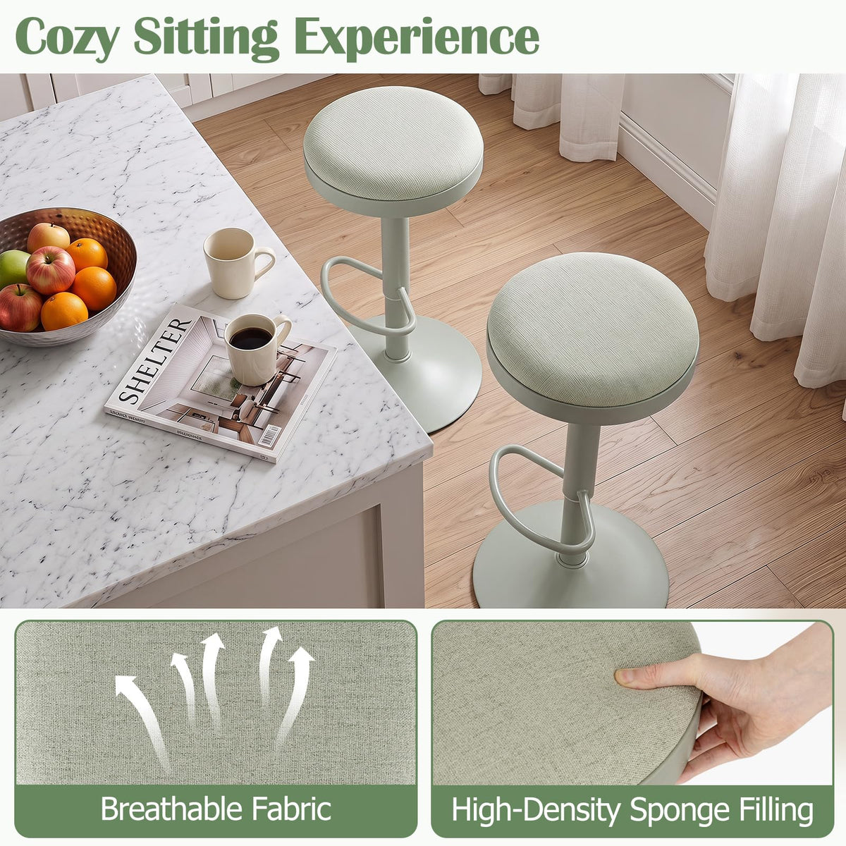 Bar Stools Set of 2, Kitchen Bar Stools w/Height Adjustment