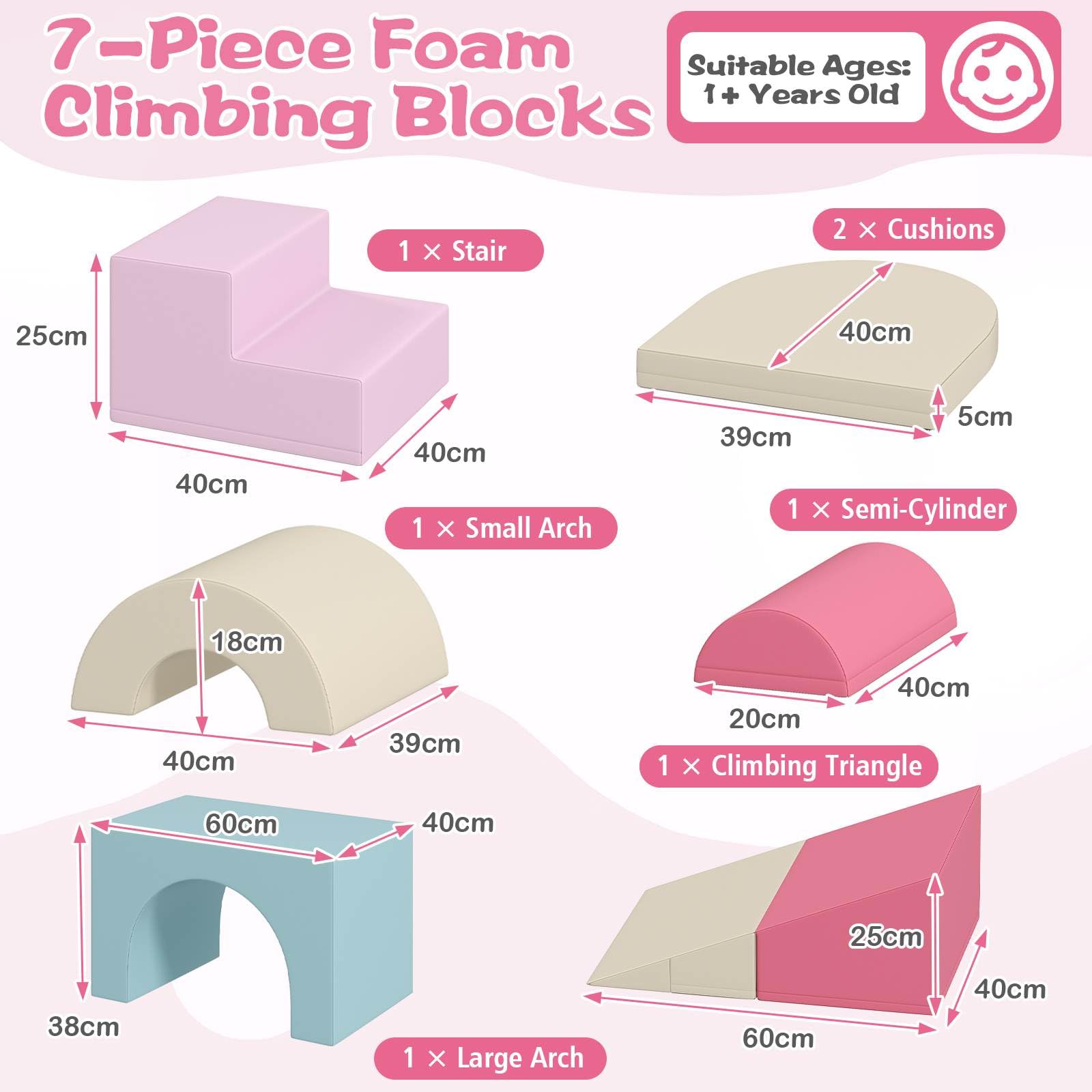 7-Piece Foam Climbing Blocks Soft PU Leather Play Gym