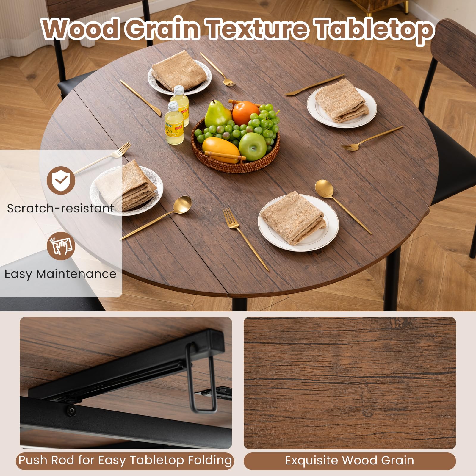 Round Kitchen Table Set w/Drop Leaf Tabletop