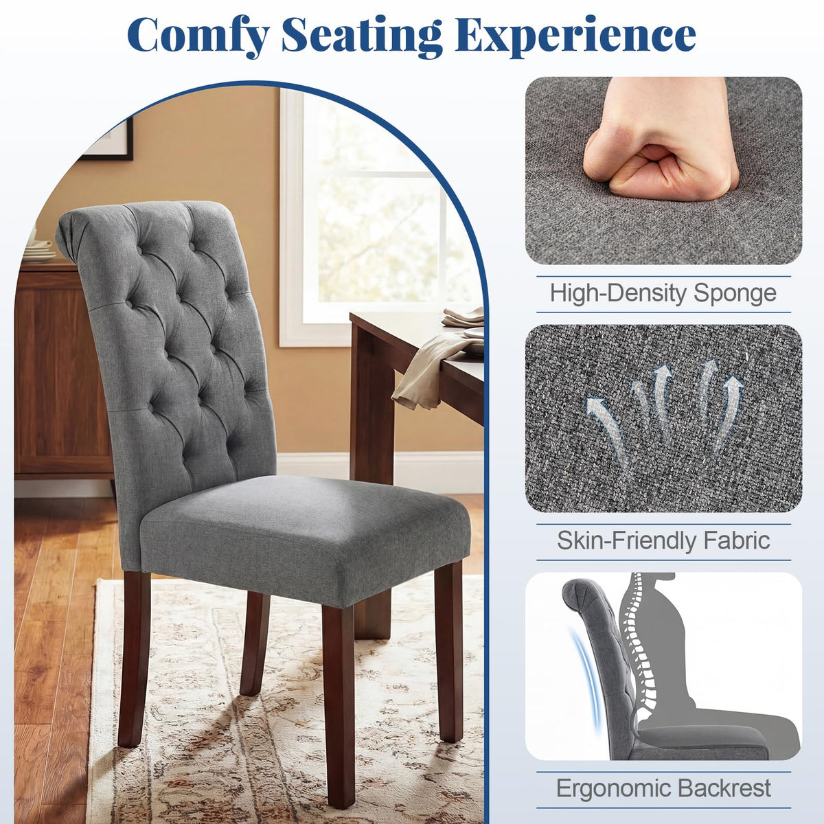 Upholstered Dining Chairs Set of 2, Button Tufted Chairs w/Padded Seat & Backrest
