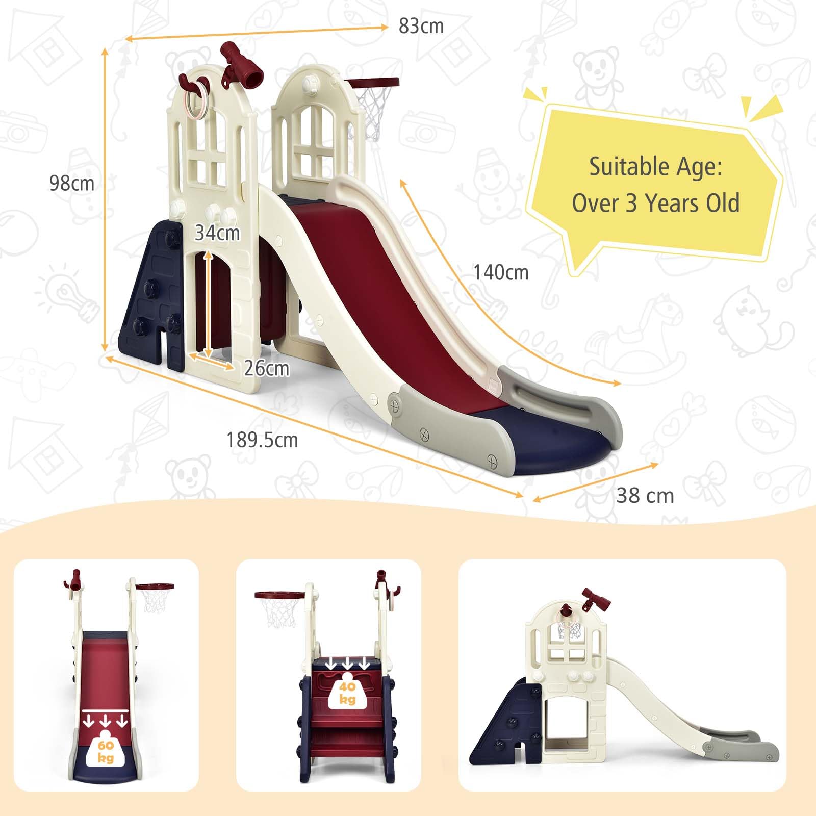 6-In-1 Large Slide with Basketball Hoop for Indoor & Outdoor Playground