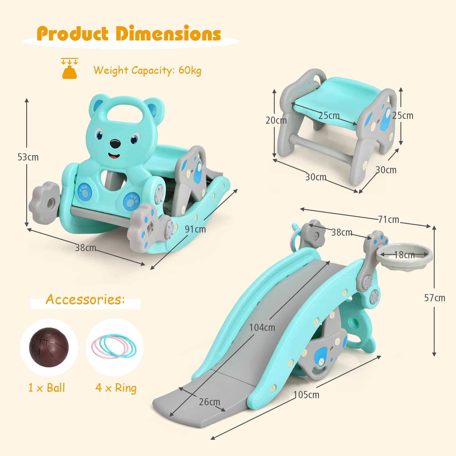 HONEY JOY 4-in-1 Kids Rocking Horse, Portable Toddler Ride On Rocking Toy with Slide