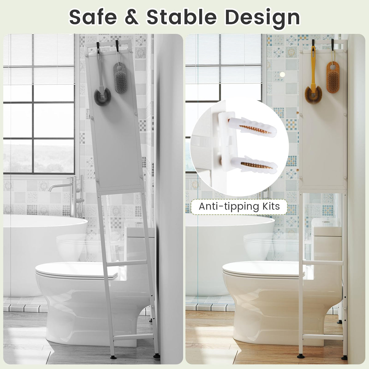 166 cm Over-the-toilet Cabinet, Bathroom Organizer w/ 2 Flip-up Cabinets, See-through Fluted Doors