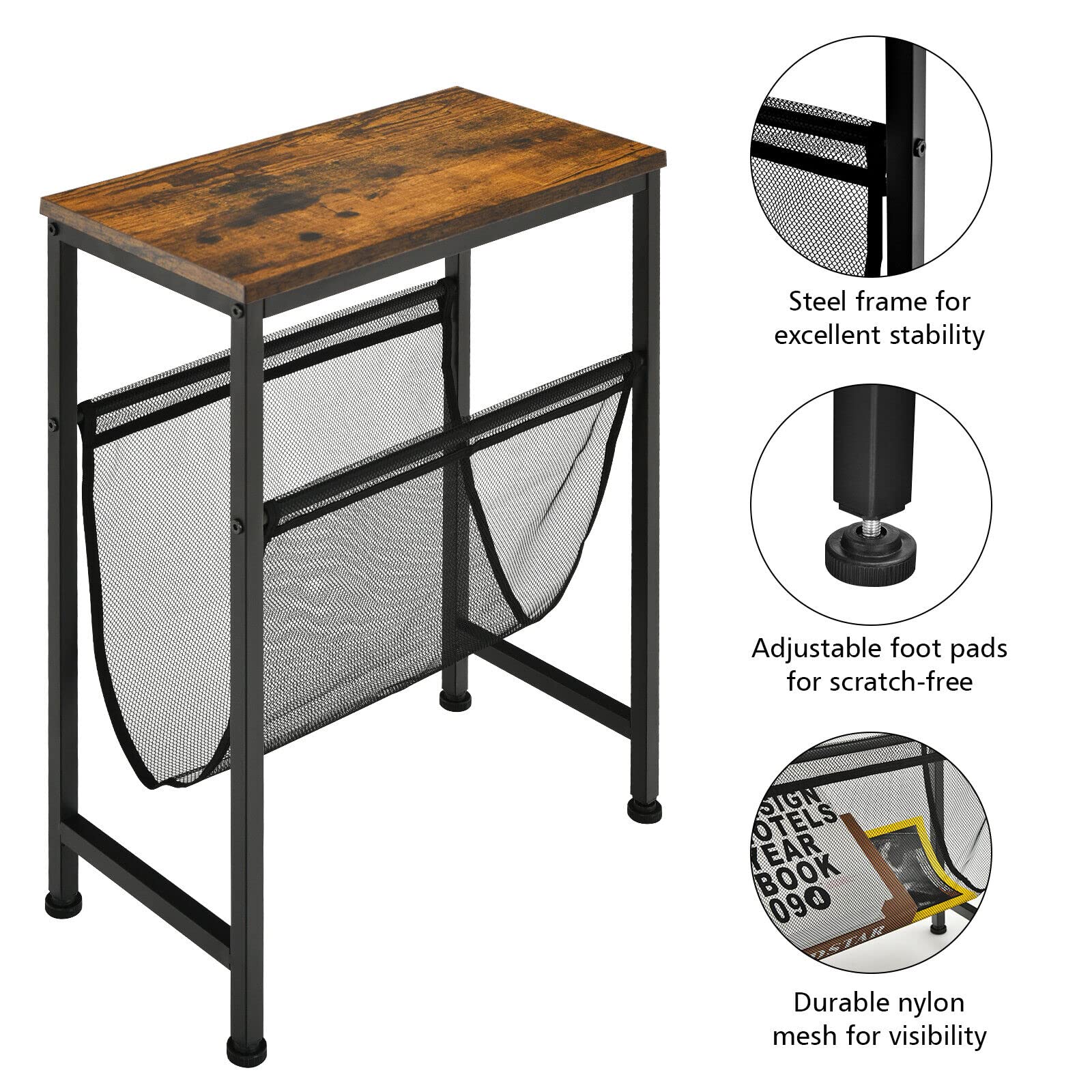 Giantex Industrial End Table, 2-Tier Narrow Small Side Accent Table with Mesh Magazine Holder Sling