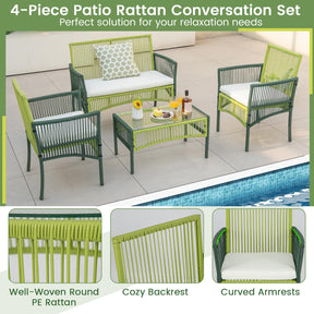 4 Piece Patio Round Wicker Conversation Set W/Soft Cushions