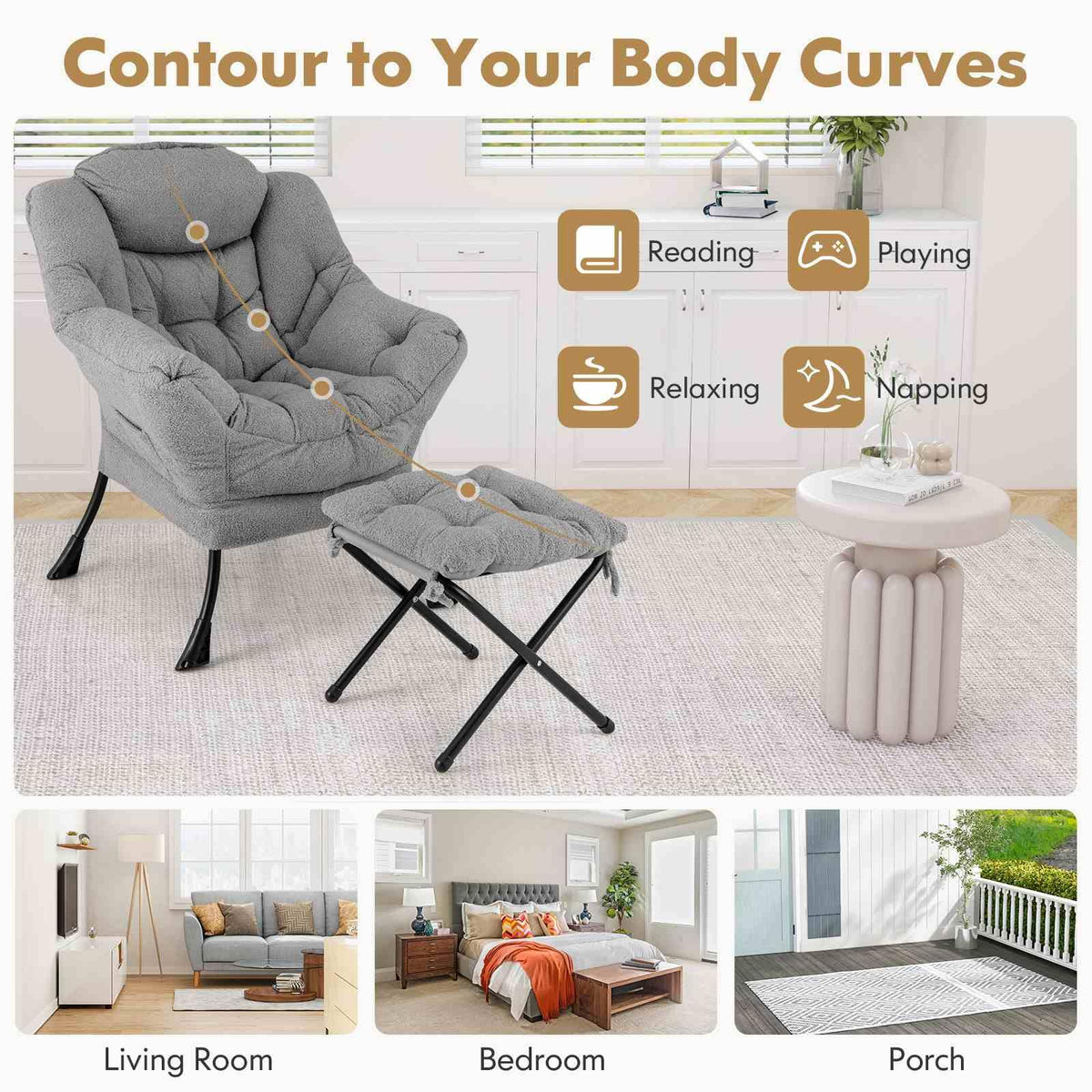 Lazy Chair with Ottoman, Modern Accent Chair with Folding Footrest, Head Pillow, Armrests, Storage Pocket