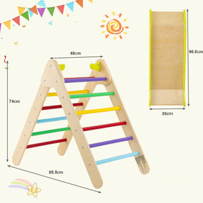 HONEY JOY Wooden Climbing Triangle Ladder for Kids, 2 in 1 Pikler Triangle Climber with Ramp for Slide