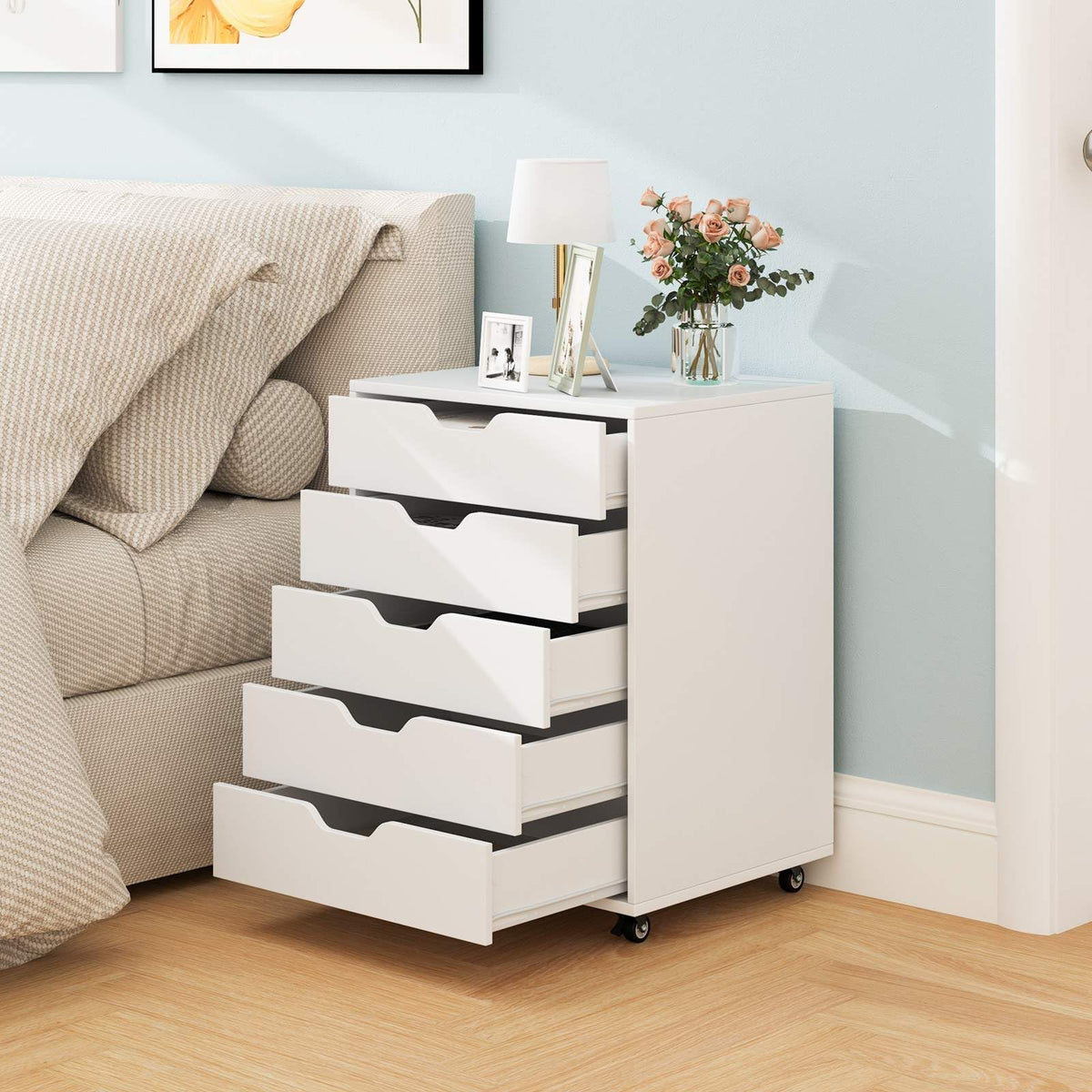 5 Drawer Chest, Rolling Dresser Storage Cabinet with Lockable Wheels, Under Desk Filing Cabinet, Wood Printer Stand for Home Office