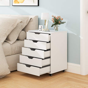 5 Drawer Chest, Rolling Dresser Storage Cabinet with Lockable Wheels, Under Desk Filing Cabinet, Wood Printer Stand for Home Office