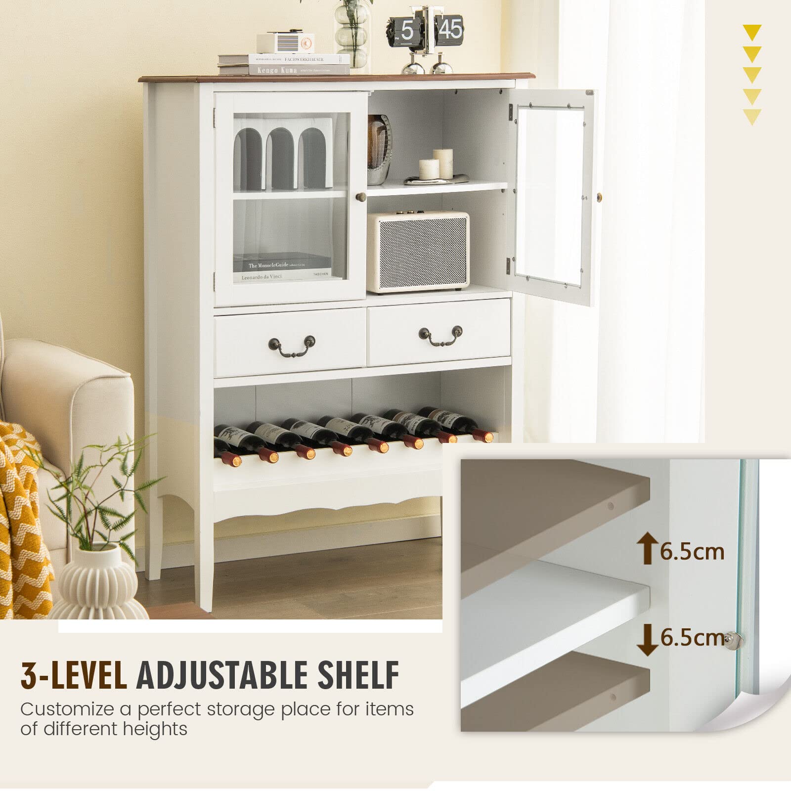 Giantex Sideboard Buffet Cabinet, Storage Cabinet with 2 Tempered Glass Doors, 2 Drawers, White