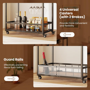 Rolling Bar Cart, Kitchen Serving Cart w/Removable Tray, Wine Rack and Glass Holder
