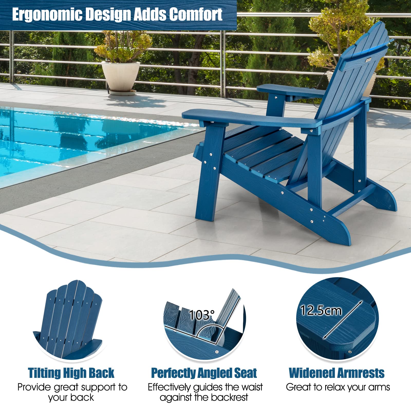 Adirondack Chair, HIPS Adirondack Chair w/Cup Holder, Realistic Wood Grain, Weather Resistant Outdoor Chair for Patio