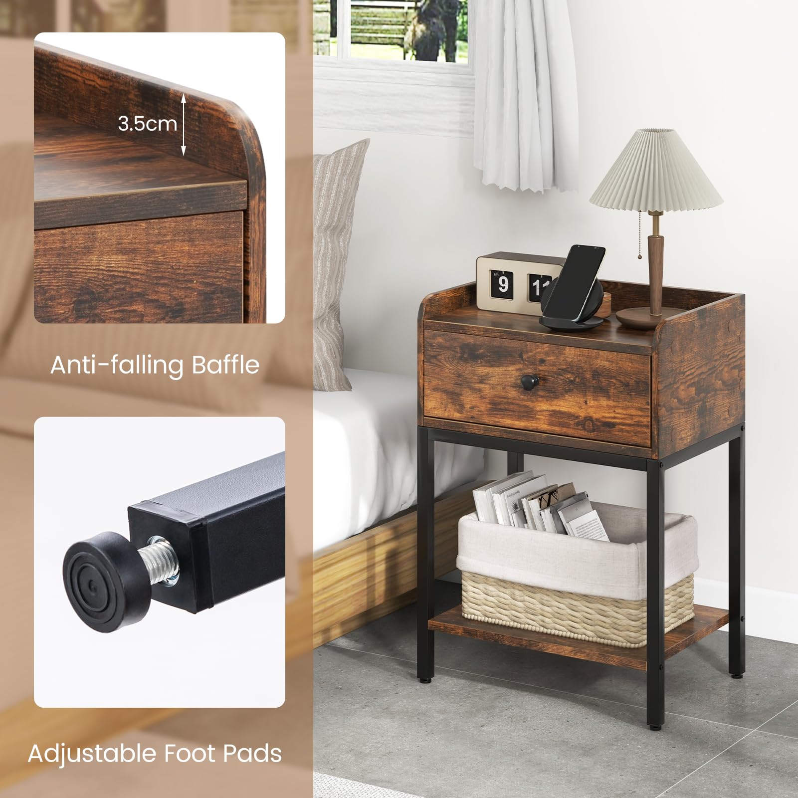 Giantex Bedside Table, Industrial Nightstand Sofa Side Table with Drawer and Open Storage Shelf