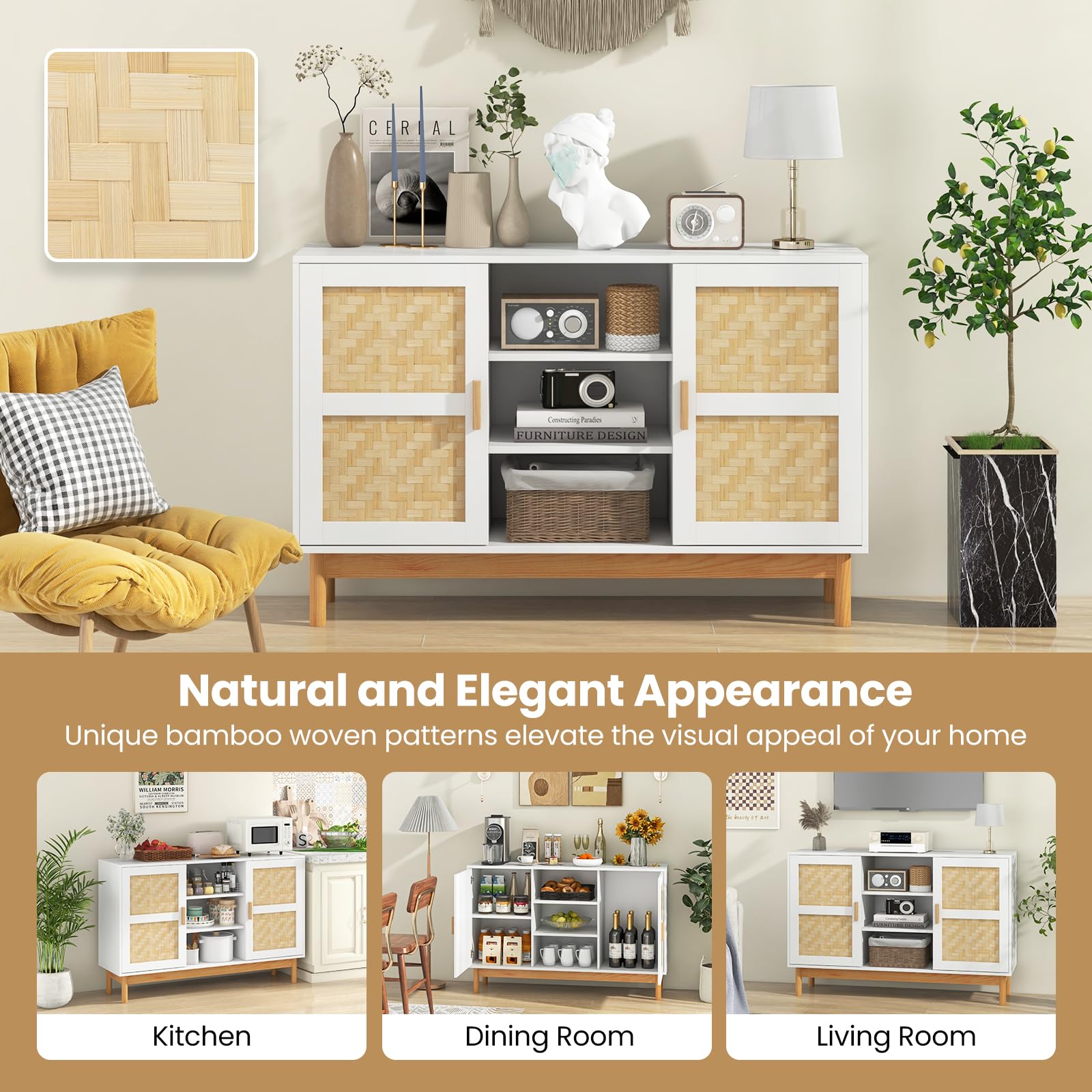 Giantex 120cm Sideboard Buffet Cabinet, Floor Storage Cabinet with 2 Bamboo Woven Doors