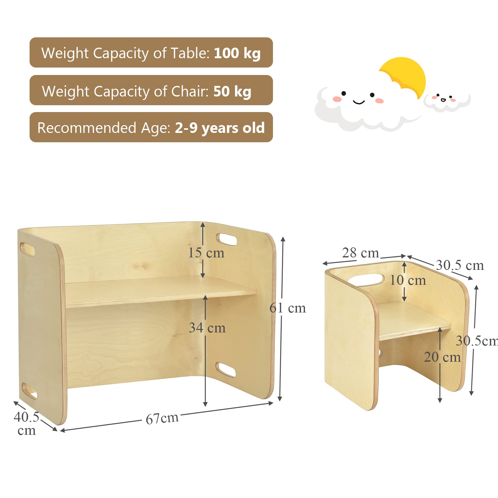 HONEY JOY Kids Table and Chair Set, 3 Pieces Wooden Activity Table Bench w/Storage Shelves